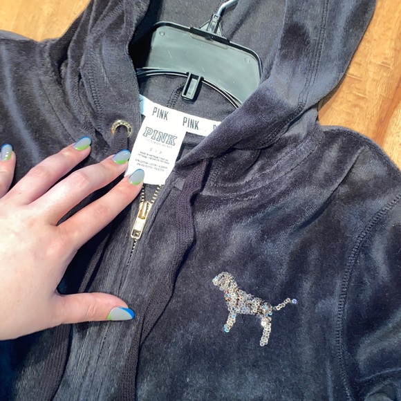 VELOUR SEQUIN PINK VICTORIAS SECRET HOODIE SIZE SMALL - Picture 2 of 4